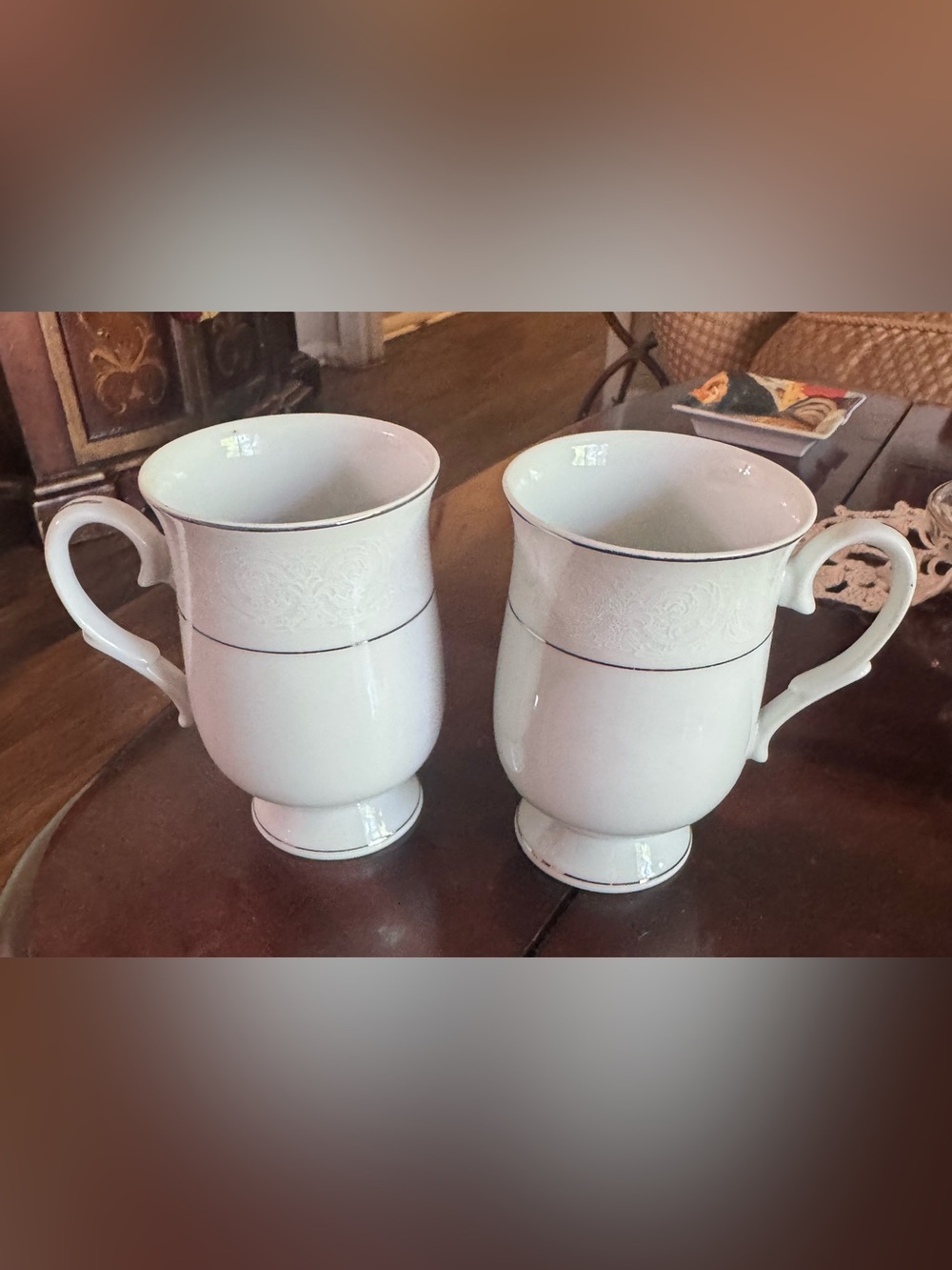 White Mugs with Subtle Embossed Detail and Silver Trim (Set of 2)